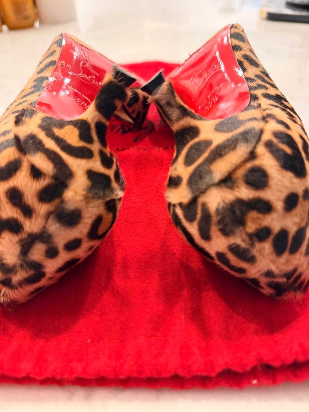 Christian Louboutin Leopard Print Pointed Toe Pumps with Black Caps - Picture 5 of 8